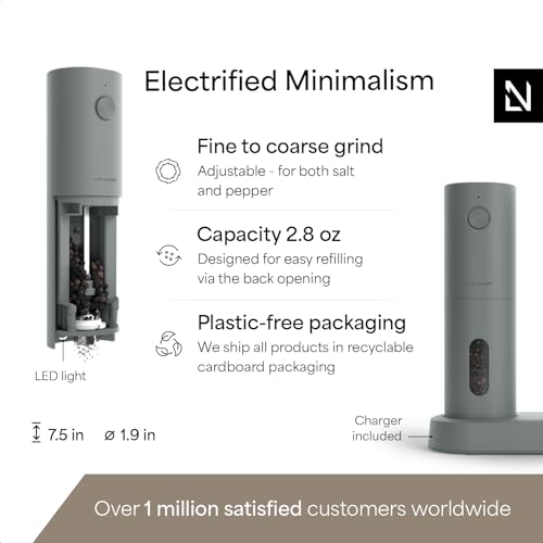 LARS NYSØM Electric Salt and Pepper Grinder Set, USB Rechargeable, Automatic Salt and Pepper Mills, Spice Shakers Refillable with LED Light, Adjustable Coarseness, Ceramic Grinder (Ash Gray) - color: Ash Gray