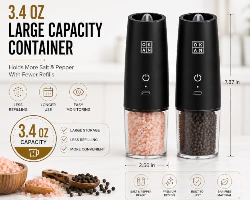 Automatic Electric Gravity Salt and Pepper Grinder Set, Rechargeable, One-Hand Operation, Dual USB-C Charging Cable, Adjustable Ceramic Burr, LED Light, 3.4 Oz - color: Black