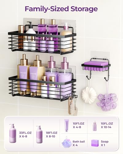 ODesign Shower Shelves Adhesive 3 Pack Stainless Steel Storage Shelve-Black | No drilling wall mounted,rust-resistant,large capacity,quick drainage,easy to clean,suitable for bathrooms and kitchens - color: Black