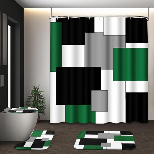 Bathroom Sets with Shower Curtain and Rugs, 4 Pcs, Geometric Green | Checkered Abstract Bathroom Decor Set with Toilet Lid Cover, Non-Slip Bath Mats and Accessories 12 Hooks - color: Abstract Geometric Green