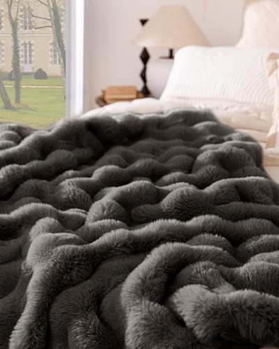 Ultra Soft Cozy Faux Fur Throw Blanket, Fuzzy Plush Thick Bubble Blanket, Oversize Luxury Fluffy Blanket for Couch, Bed, and Living Room, 60x80 Inches, Dark Grey Taupe - color: Bubble Dark Grey, size: Twin
