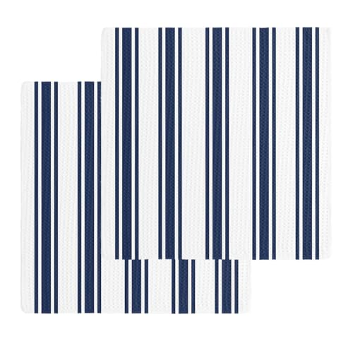 Navy Blue Striped Dish Towels Set, Waffle Weave Kitchen Towels 2 Pieces, Farmhouse Aesthetic Modern Stripes Microfiber Hair Face Bath Tea Towel Absorbent Quick Drying Cleaning Dish Cloths, 12"x12" - color: Navy, White, Blue, size: 2PCS,12"x12"