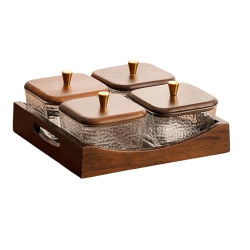 Divided Serving Tray with Lid, Made of Glass and Wood, Snack Bowl with Compartments for Fruit, Nuts, and Sweets. and Practical for Kitchen, of, 4 Compartment Square - size: 4 Compartment Square