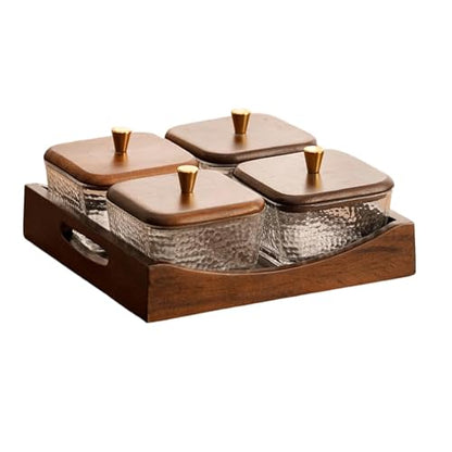 Divided Serving Tray with Lid, Made of Glass and Wood, Snack Bowl with Compartments for Fruit, Nuts, and Sweets. and Practical for Kitchen, of, 4 Compartment Square - size: 4 Compartment Square