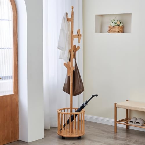 Uniclinens Solid Wood Coat Rack Freestanding with Umbrella Holder, Tree Coat Rack Stand with Lockable Universal Casters & 12 Hooks for Entryway Bedroom, Natural - color: Natural, size: Coat Tree