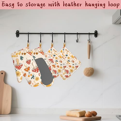 Retro Mushroom Daisy Flowers Silicone Oven Mitts and Pot Holders,Heat-Resistant 4 Piece Kitchen Set Non-Slip Oven Gloves and Hot Pads for Cooking, Baking, Grilling,BBQ - color: Retro Mushroom Daisy Flowers