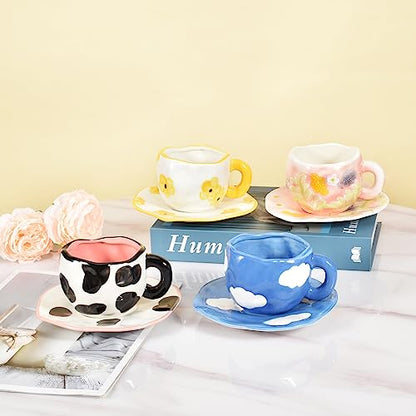 Koythin 10oz Ceramic Mug With Saucer, Dark Blue Sky White Cloud Latte Cup | 300ml Household Cup, Dual Safe Ceramic; Home Office Daily Use, Aesthetic Desk Decor - color: Dark Blue Sky and White Clouds