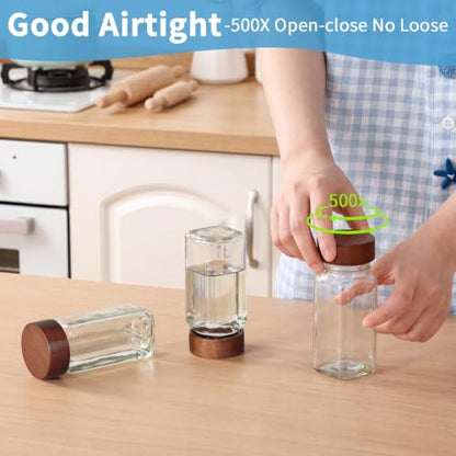Glass Spice Containers for Kitchen: 14P 4oz Dishwasher Safe Jars | Durable Glass Jars for Cooking Enthusiasts- Airtight Acacia lid 500X Open-Close no Loose - Gift/Daily Use for Housewives