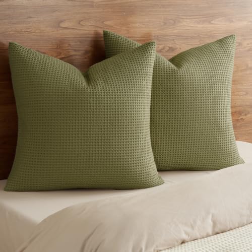PHF 100% Cotton Waffle Weave Throw Pillow Cover, 24" x 24", No Filling, 2 Pack Elegant Home Decorative Square Throw Pillow Covers for Bed Couch Sofa, Dark Oil - color: Dark Oil, size: 24" x 24" (Pack of 2)
