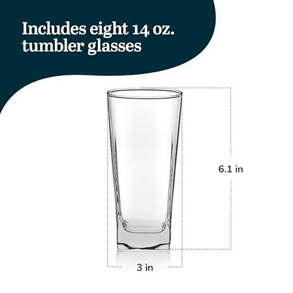 14.3 oz Drinking Glasses Set of 8, Tumblers with Thick Square Base | Crystal Clear Drinking Glasses, Thick Square Base, Everyday Glassware for Water, Juice & Iced Tea, Dishwasher Safe - color: City