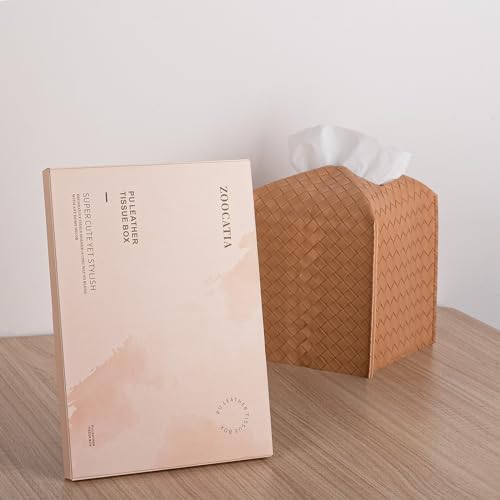 zoocatia Tissue Box Cover PU Leather Tissue Holder Square Facial Tissue Case Facial Paper Organizer Dispenser for Bathroom, Vanity Countertop, Tabletop, Car, Khaki | PU Leather，Easy to Fill, Easy Clean, Decorative Cube Tissue Box Holder for Office, Bathro