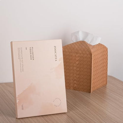 zoocatia Tissue Box Cover PU Leather Tissue Holder Square Facial Tissue Case Facial Paper Organizer Dispenser for Bathroom, Vanity Countertop, Tabletop, Car, Khaki | PU Leather，Easy to Fill, Easy Clean, Decorative Cube Tissue Box Holder for Office, Bathro