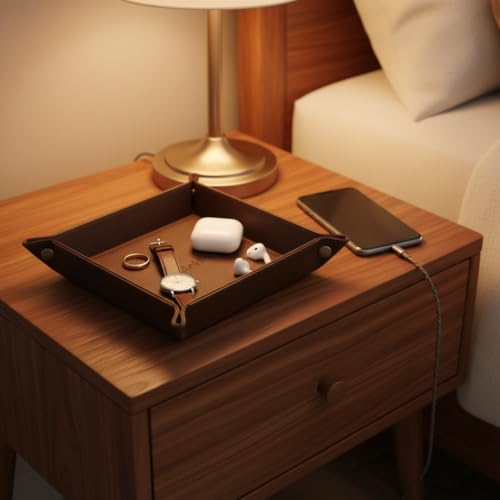 Faux Leather Key Tray, Entryway Organizer for Wallet, Brown | Structured entryway tray for keys, wallet, watch and pocket essentials on consoles, dressers and nightstands. - color: brown