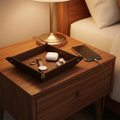 Faux Leather Key Tray, Entryway Organizer for Wallet, Brown | Structured entryway tray for keys, wallet, watch and pocket essentials on consoles, dressers and nightstands. - color: brown