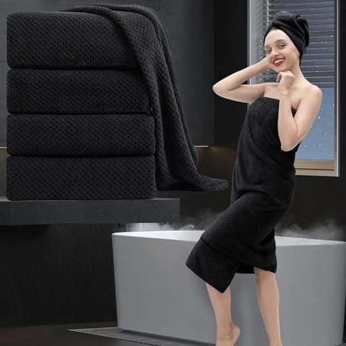 Extra Large Bath Towel Set of 4 (35"x70"),Oversized Bath Sheet Super Soft Highly Absorbent Jumbo Bathroom Towel Set Microfibers Quick Dry Shower Towel for Hotel,Bathroom,Guest,Spa,Gym (Black) - color: Texture Black, size: 4 Piece Bath Towel Set
