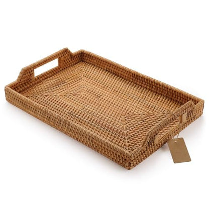 Hand-Woven Rattan Rectangular Serving Tray with Handles for Breakfast, Drinks, Snack for Coffee Table (17x11.4x1.8inches) - size: 17x11.4x1.8inches