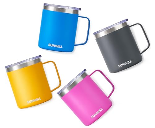 SUNWILL Travel Coffee Mugs Set of 4, Insulated Tumbler with Lid, 14oz Stainless Steel Cup with Handle Bulk for Gift, Camping, Office, Powder Coated Charcoal, Royal Blue, Magenta, Yellow - color: Powder Coated Charcoal & Royal Blue & Magenta & Yellow
