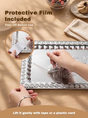 4 Pack Silver Serving Trays Set - 13.8 x 8.7 inch Lightweight Mirror Decorative Trays with Swirl Floral Engraving, Rectangular Platters for Party, Wedding, Dessert, Appetizers, Coffee & Charcuterie - size: 13.8" x 8.7"
