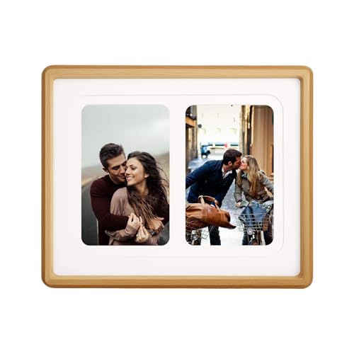 8x10 Collage Picture Frame Natural Solid Wood, 4x6 Collage Photo Frame Displays 2 Photos or 8x10 (Without Mat), Wooden Frame for Tabletop or Wall Mounting Display - color: Teak, size: 8x10-2 Opening