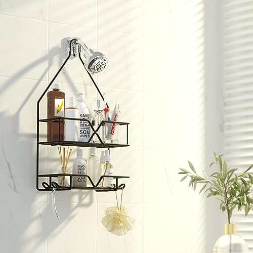 TreeLen Shower Organizer Hanging Shower Caddy over Shower Head Black Bathroom Hanger for Shampoo Razor Soap - color: Black