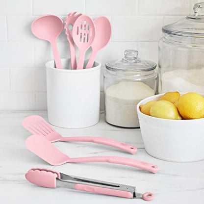 GreenLife Cooking Tools and Utensils, 7 Piece Nylon Set including Spatulas Turner Spoons and Tongs, Heat Resistant Spatula and Spoons, BPA-Free, Pink - color: Soft Pink