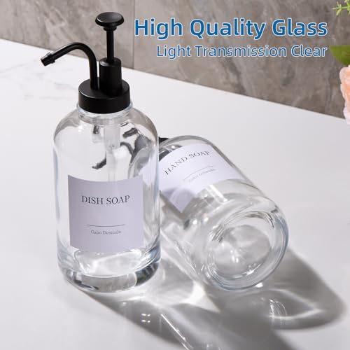 Glass Soap Dispenser with Pump, Dish and Hand Soap Dispenser for Kitchen Bathroom, Glass Dispenser Set with 18 Stickers Funnel Bamboo Tray 500ml 18oz Clear - color: Clear 3