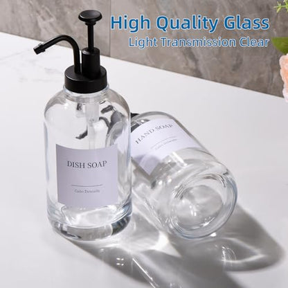 Glass Soap Dispenser with Pump, Dish and Hand Soap Dispenser for Kitchen Bathroom, Glass Dispenser Set with 18 Stickers Funnel Bamboo Tray 500ml 18oz Clear - color: Clear 3