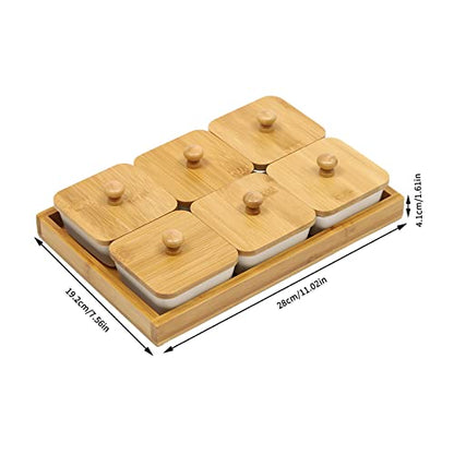 Ceramic Divided Serving Dishes with Bamboo Platter, 6 Piece Ceramic Snack Serving Tray&Fruit Tray, Platter Fruit Candies Condiments Food Bowls, with Wooden Serving Tray and Lids, for serving fries