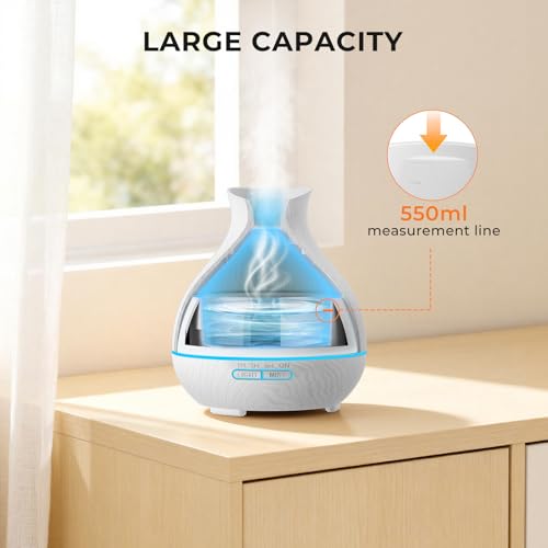 Aromatherapy Essential Oil Diffuser 550ml 12 Hours White Wood Grain Aroma Diffuser with Timer for Large Room, Home, Baby Bedroom, Waterless Auto Shut-Off, 7 Colors Lights Changing - color: White