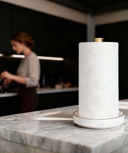 Paper Towel Holder, Ceramic Heavy Plate Base Wobble-Free, Roll Stand-Gold | Effortless Cleaning and Easy to Assemble, Super Large for Triple Rolls, High End Looking as a Good Gift for Kitchen Island - color: Lux-gold