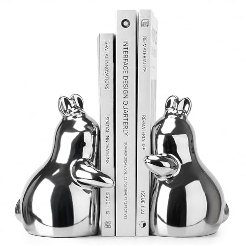 Decorative Bookends, Cute Ceramic Rabbit Book Holders for Shelves, Silver | Ceramic Rabbit Decorative Bookends for Shelves and Desk, Cute Stopper, Silver - color: Silver-ceramic-new