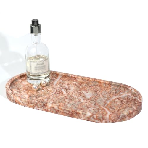 Marble Vanity Tray Organizer - 9.8"x5" Italy Natural Stone Decorative Tray，Jewelry, Perfume & Candle Display Tray，Bathroom Vanity, Dresser Top, Nightstand Decor - color: Agate Red