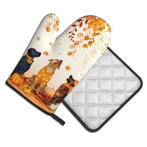 Giwawa Fall Dogs Oven Mitt Potholders Sets Autumn Leaves Heat Resistant Oven Glove Set of 2 Holiday Kitchen Hot Pads for Cooking Baking Grilling - color: Fall Dogs