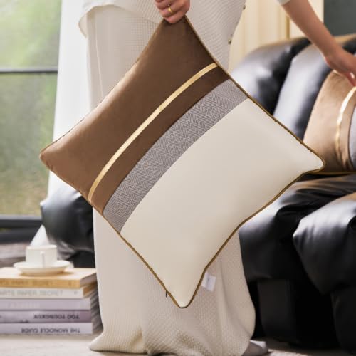 Avigers Throw Pillow Cover 18 x 18 Inch, Brown White, Rayon Blend | Insert not included; Art Deco patchwork accent for couch, sofa, bed and living room; removable for seasonal updates - color: Brown,white, size: 18" x 18" (Pack of 1)