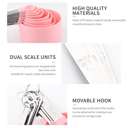 8 PCS Tainless Steel Measuring Cups and Spoons Set, Nesting Measuring Cup and Spoon Set for Precise Cooking Measurements in the Kitchen, Pink - color: Pink