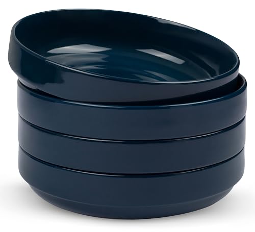 KooK Ceramic Large Pasta Bowls, Microwave and Dishwasher Safe, Great for Soups and Salads, Shallow Serving Bowls, Glossy Porcelain, 47 oz, Set of 4, Navy Blue - color: Navy Blue