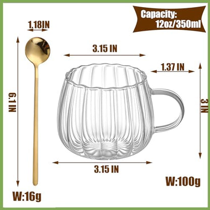 Viovian 12oz Clear Glass Coffee Mugs Set of 6 Ribbed Coffee Cups With Handles Modern Cute Glass Tea Mug Cup for Hot Beverage/Cappuccino/Latte/Cereal/Yogurt/Mocha/Milk - color: ribbed glass mug set of 6