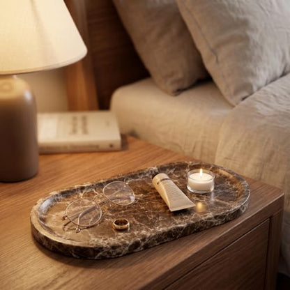 YKAJO Crystal Coffee Brown Oval Marble Tray, 11.8x5.9 Perfume Organizer | Honed natural stone; jewelry & trinket dish, ring & key holder, soap & candle catchall; bath counter, dresser, coffee table - color: Crystal Coffee Brown, size: 11.8" x 5.9" x 0.6"
