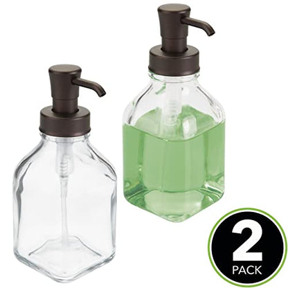 mDesign Square Glass Refillable Liquid Soap Dispenser Pump Bottle for Bathroom Vanity Countertop, Kitchen Sink - Holds Hand Soap, Dish Soap, Hand Sanitizer, Essential Oils - 2 Pack - Clear/Bronze - color: Clear/Bronze