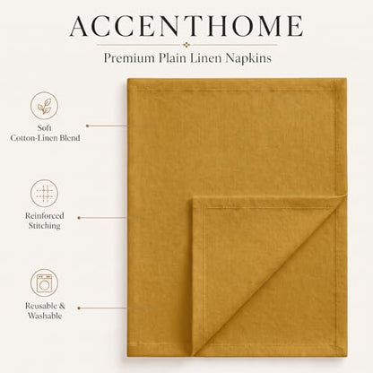 ACCENTHOME Mustard Cotton Linen Napkin Set of 6 18x18 inch Dinner Napkins - Washable Soft Premium Hotel Quality Reusable Napkins Perfect Table Napkins for Family Dinners, Weddings & Everyday Use | Cotton Linen Blend Napkins, Machine Wash On Gentle Cycle,