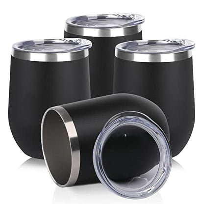 DOMICARE Stainless Steel Wine Tumbler Bulk with Lid, Personalized Insulated Tumblers Set, 12oz Travel Coffee Cups Pack of 4, Black - color: Black, size: 4 Count (Pack of 1)