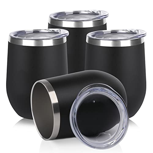 DOMICARE Stainless Steel Wine Tumbler Bulk with Lid, Personalized Insulated Tumblers Set, 12oz Travel Coffee Cups Pack of 4, Black - color: Black, size: 4 Count (Pack of 1)
