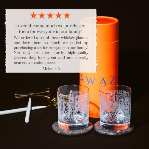 AWAZ Whiskey Glasses – Set of 2, Engraved with Whiskey-Making Process, 24k Gold Rim – 11oz Scotch, Bourbon Glass