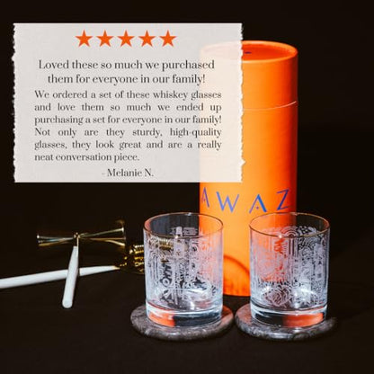 AWAZ Whiskey Glasses – Set of 2, Engraved with Whiskey-Making Process, 24k Gold Rim – 11oz Scotch, Bourbon Glass