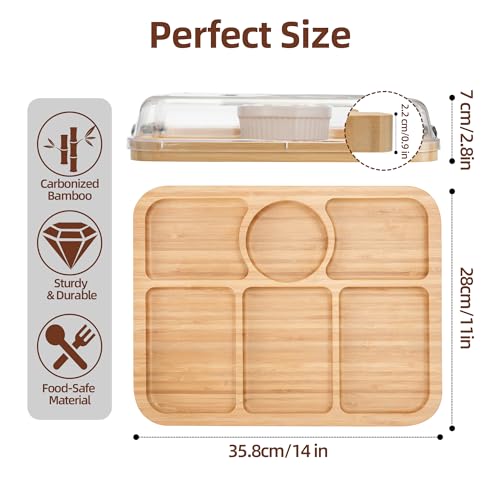 WILLKOMMEN Charcuterie Board with Lid- 6 Section Rectangular Serving Tray with Carry Handle & Locking Lid, Portable Bamboo Serving Platter, Food Trays for Party Picnic Cheese Snack - style: 6 Compartments-Rectangle