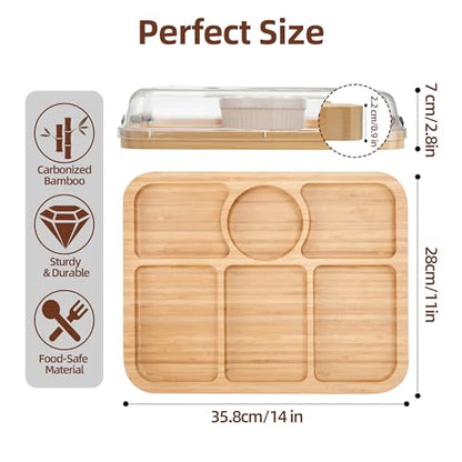 WILLKOMMEN Charcuterie Board with Lid- 6 Section Rectangular Serving Tray with Carry Handle & Locking Lid, Portable Bamboo Serving Platter, Food Trays for Party Picnic Cheese Snack - style: 6 Compartments-Rectangle
