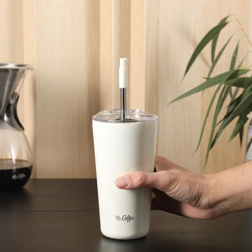 Mr. Coffee Java Quest 16 oz Double Wall Stainless Steel Tumbler with Lid & Reusable Straw, Insulated Thermal Drink Cup for Hot & Cold Beverages, White - color: White