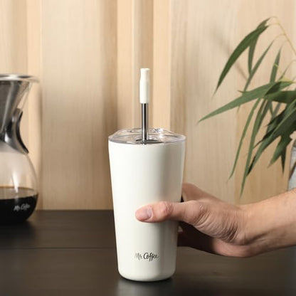 Mr. Coffee Java Quest 16 oz Double Wall Stainless Steel Tumbler with Lid & Reusable Straw, Insulated Thermal Drink Cup for Hot & Cold Beverages, White - color: White