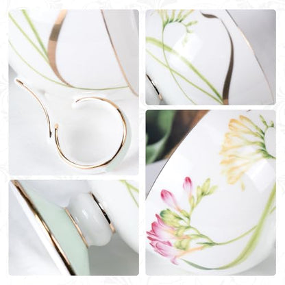 KAMMAK Tea Cups Set of 2,Ceramic Floral Pattern Demitasse Cup | Porcelain Espresso Cup with Saucer, 6.76 oz Handmade Elegant Bone China Tea Cups for Latte, Americano, Cappuccino - color: Freesia & Clematis