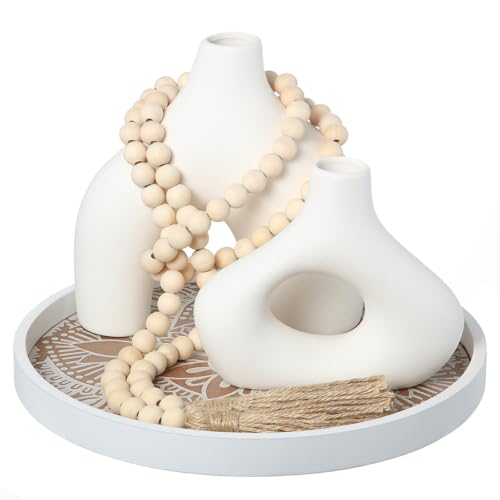 4 Pcs Boho Tabletop Centerpieces Decor Set Rustic Country Boho Hollow Ceramic Vase Round Decorative Tray Wood Bead Garland for Room Coffee Table Home Kitchen Counter Decor(Beige) - color: Beige